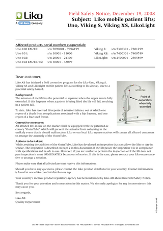 Uno , Viking and LikoLight series  Field Safety Notice Dec 2008