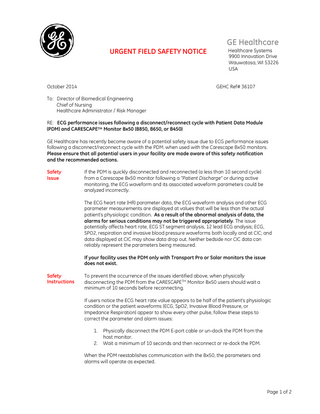 Patient Data Modeule and CARESCAPE Monitors Bx50 series Urgent Field Safety Notice Oct 2014