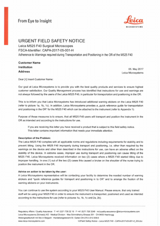 M525 F40 Surgical Microscope Urgent Field Safety Notice May 2017