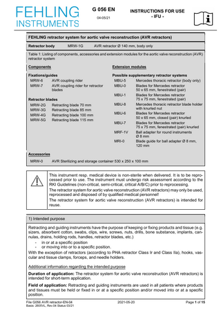 AVR Retractor System for Aortic Valve Reconstruction  Instructions for Use