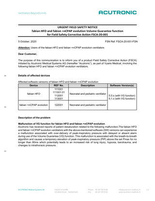 fabian HFO and +nCPAP envolution Ventilators Urgent Field Safety Notice Oct 2020