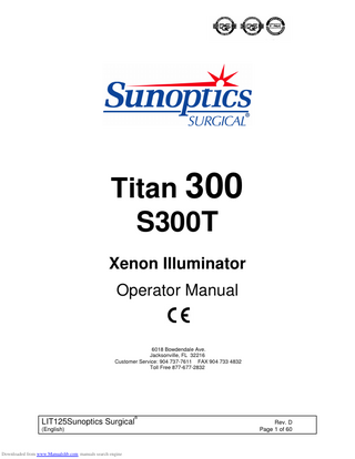 Titan 300 S300T Xenon Illuminator Operator Manual Ref LIT-125 Rev. D