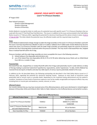 LEVEL1 Systems Urgent Field Safety Notice Pressure Chamber issue Aug 2022