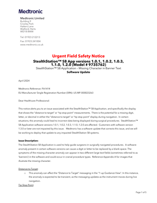 StealthStation S8 Application Urgent Field Safety Notice 