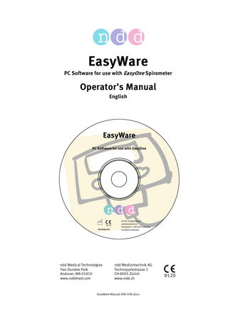 EasyWare  Page 2  Table of Contents 1  Introduction  3  2  Installing the PC software 2.1 Installation of the EasyWare PC software 2.2 Installing ScreenConnector (driver installation) 2.3 Installing EasyWare in a network  3  Performing a spirometry test using EasyWare 3.1 Performing an off-line spirometry test 3.2 Performing an on-line spirometry test (for ScreenConnector)  6 6 6  4  Details of EasyWare 4.1 The EasyWare main window 4.2 The PC database and synchronization with EasyOne 4.3 Viewing patient data 4.4 Entering a new patient data 4.5 Deleting records 4.6 Viewing test results in 'Normal View' 4.7 Viewing test results in 'Advanced View' 4.7.1 Displaying of up to 8 trials 4.7.2 Reviewing tests 4.7.3 Changing Trial Ranking and Trial Acceptability 4.8 Children Incentive 4.9 Trending 4.10 Finding Records 4.11 Printing a test and creating PDF reports 4.12 Direct printing via PC 4.13 Exporting data 4.14 Importing data 4.15 Select device in DB 4.16 Device status 4.17 Device configuration 4.18 Preferences 4.19 Language Selection  7 7 8 8 9 9 9 10 10 10 10 11 11 12 12 12 12 12 12 13 13 13 13  5  Attachment A: Database Structure  14  6  Attachment B: Text File Export Data Format  15  7  Attachment C: Electronic Medical Record Interface  17  3 3 Fehler! Textmarke nicht definiert. 6  