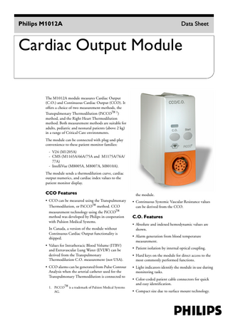 Philips M1012A Cardiac Output Module Data Sheet Jun 2002