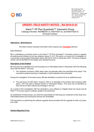 Alaris VP Plus Guardrails Volumetric Pumps Urgent Field Safety Notice Feb 2019