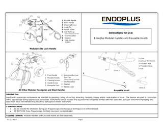 1 2 3 4 5 6  Movable Handle Fixed Handle Cleaning Access Guide Pin Handle Screw Luer Port Cap  Instructions for Use:  (shown covering the Luer Port)  7 8 9  Shaft Insulation Rotation Slide Ratchet (Slider)  Endoplus Modular Handles and Reusable Inserts  Modular Slide Lock Handle  1 Jaws 2 Linkage Mechanism 3 Actuation Rod 4 Threaded Clevis 5 Ball  1 Fixed Handle 2 Movable Handle 3 Cleaning Access 4 Handle Screw 5 Monopolar Post  6 Nonconductive Luer Port Cap (shown covering Luer Port)  7 Shaft Insulation 8 Rotation 9 Ratchet Lever  All Other Modular Monopolar and Steel Handles  Reusable Insert  Intended Use: Hand held Laparoscopic instruments are intended for grasping, cutting, dissecting, retracting, clamping, biopsy, and/or caute rization of tissue. The devices are used in conjunction with a laparoscope during laparoscopic procedures. Instruments should be used only by personnel completely familiar with their opera tion. Using an instrument improperly for a task which it was not intended may result in a damaged or broken instrument. Contraindications: • Do not activate the electrodes during use if laparoscopic electrosurgical techniques are contraindicated. • DO NOT USE if use if laparoscopic methods have been contraindicated. Supplied Contents: Modular Handles and Reusable Inserts are sold separately. F-7.15.2 Rev D  Page 1  