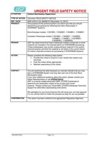 STERRAD System Urgent Field Safety Notice Nov 2013