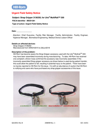 Liko MultiRall 200 Strap Gripper Urgent Field Safety Notice June 2018