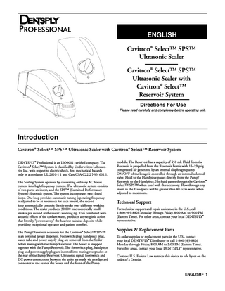 Cavitron Select SPS Ultrasonic Scaler Directions for Use Rev B