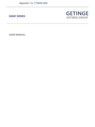 USER MANUAL  Table of contents | 5  TABLE OF CONTENTS Index of warnings... 8 1  Preface  13 1.1 Contact Information... 15 1.2 Machine Identification... 16 1.3 Machine Identification... 22 1.4 Machine Identification... 23 1.5 Machine Identification... 25 1.6 Machine Identification... 26 1.7 Machine Identification... 27  2  Safety  29 2.1 Product Liability... 29 2.2 Product Liability... 29 2.3 Safety Precautions... 29 2.4 Safety Features... 32 2.4.1 Safety Interlocks... 34 2.5 Mandatory Reporting... 35  3  Introduction  37 3.1 Intended Use - H Model... 37 3.2 Intended Use - F model... 37 3.3 Clinical benefits... 38 3.4 Sterilizer Overview... 39 3.4.1 Built-in Steam Generator... 43 3.4.2 Programs... 44 3.5 Approved Consumables... 48 3.5.1 Packaging Material... 48 3.5.2 Articles for Test Purposes... 49 3.5.3 Additional Consumables... 50 3.6 Disposal of Consumables... 50 3.7 Approved Accessories... 51  Control Panel Layout  55  4.1 Control Side... 55 4.1.1 RFID Reader (Option)... 56 4.1.2 Interlock Key... 56 4.1.3 ON/OFF Switch... 57 4.1.4 USB port (Option)... 57 4.1.5 Emergency Stop... 57 4.1.6 Touch Screen... 58 4.1.7 Pressure Gauges... 59 4.1.8 Buzzer... 60 4.2 Non-Control Side... 61 4.2.1 Touch Screen... 58 4.2.2 RFID Reader (Option)... 56 4.2.3 Pressure Gauges... 59 4.2.4 USB port (Option)... 57  www.getinge.com  User Manual en-US  4  