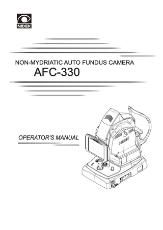 Table of Contents 1. BEFORE USE... 1 1.1 Device Outline...1 1.2 Intended Use...2 1.3 Principle...2 1.4 Device Configuration...3 1.5 Screen Configuration...10 1.6 Labels and Symbols...41 1.7 Packed Contents...45 1.8 Device and Software Setup...46  2. OPERATING PROCEDURE... 53 2.1 Operation Overview...53 2.2 Image Capture Preparation...55 2.3 Image Capture (Normal Photography Mode [Auto shot, No blink])...58 2.3.1 2.3.2  Image Capture with auto shot...58 Image Capture without automatic functions...65  2.4 Image Capture Shutdown Procedure...67 2.4.1 2.4.2  Usual finishing of operation...67 Finishing operation in order to transport the device: Packing mode...68  2.5 Photography Mode Other Than Normal Photography Mode...70 2.5.1 2.5.2 2.5.3 2.5.4 2.5.5  Stereo photography mode...70 Panorama photography mode...72 Anterior eye photography mode...74 Small pupil photography mode...76 Low-light photography mode...79  2.6 Optional functions...80 2.6.1 2.6.2 2.6.3 2.6.4 2.6.5 2.6.6  Anterior eye monitor...80 Auto shot...80 Alignment area change...82 High-sens tracking: fixation shift...83 Split indicator...83 Image Capture interval...84  2.7 Registering, editing, and searching patient information...85 2.7.1 2.7.2  Registering patient in the screen...85 Registering patient information using CSV file...99  2.8 Photography settings menu...100 2.8.1 2.8.2  Fixation lamp mode...101 Camera setting...103  XIII  