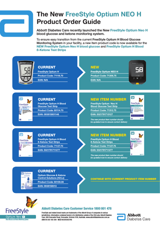 The New FreeStyle Optium NEO H Product Order Guide Abbott Diabetes Care recently launched the New FreeStyle Optium Neo H blood glucose and ketone monitoring system. To ensure easy transition from the current FreeStyle Optium H Blood Glucose Monitoring System in your facility, a new item product code is now available for the NEW FreeStyle Optium Neo H blood glucose and FreeStyle Optium H Blood ß-Ketone Test Strips  Blood Glucose Test Strips Tiras reactivas de glucosa en sangre Tiras-teste para glicose no sangue For healthcare professional use only with Sólo para uso de los profesionales sanitarios con Para uso por profissionais de saúde somente com: FreeStyle Optium H Optium Xceed Optium  CURRENT  NEW  FreeStyle Optium H  FreeStyle Optium NEO H  Product Code: 71118.70  Product Code: 71356.75  EAN: N/A  EAN: N/A  CURRENT  NEW ITEM NUMBER  FreeStyle Optium H Blood Glucose Test Strip  FreeStyle Optium Neo H Blood Glucose Test Strip  Product Code: 80114.70  Product Code: 71312.75  EAN: 093815801146  EAN: 5021791713127  100  The new product item number should be updated now to ensure correct delivery  Blood Glucose Test Strips Tiras reactivas de glucosa en sangre Tiras-teste para glicose no sangue For healthcare professional use only with Sólo para uso de los profesionales sanitarios con Para uso por profissionais de saúde somente com: FreeStyle Optium H Optium Xceed Optium  CURRENT  NEW ITEM NUMBER  FreeStyle Optium H Blood ß-Ketone Test Strips  FreeStyle Optium H Blood ß-Ketone Test Strips  Product Code: 71127.70  Product Code: 71127.75  EAN: 5021791711277  EAN: 5021791711277  100  The new product item number should be updated now to ensure correct delivery  CURRENT Optium Glucose & Ketone Control Solutions (Hi/Lo)  CONTINUE WITH CURRENT PRODUCT ITEM NUMBER  Product Code: 80139.06 EAN: 0938158013  Abbott Diabetes Care Customer Service 1800 801 478 Blood Glucose and Ketone Monitoring System  FreeStyle and related brand marks are trademarks of the Abbott Group of companies in various jurisdictions. Information contained herein is for distribution outside of the USA only. Abbott Diabetes Care, 666 Doncaster Road, Doncaster, Victoria 3108, Australia. www.abbottdiabetescare.com.au ABN 95 000 180 389 MSE140305083746  