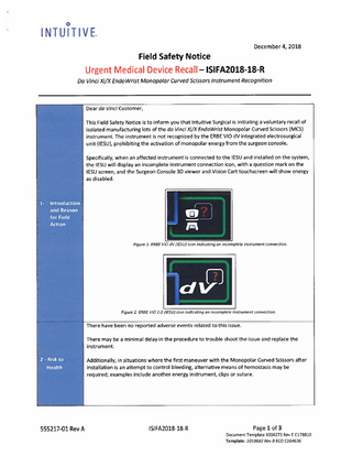 Xi and X EndoWrist System Urgent Field Safety Notice Dec 2018