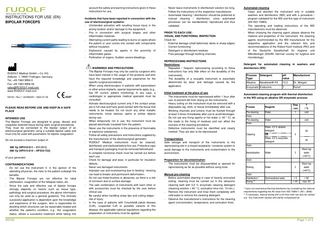 account the safety and warning instructions given in these instructions for use.  -  INSTRUCTIONS FOR USE (EN) BIPOLAR FORCEPS  Incidents that have been reported in connection with the use of electrosurgical systems: - Unintended activation with resulting tissue injury in the wrong location and/or damage to the equipment. - Fire in connection with surgical drapes and other inflammable materials. - Alternating current paths leading to burns on spots where the patient or user comes into contact with components without insulation. - Explosions caused by sparks in the proximity of inflammable gases. - Perforation of organs. Sudden severe bleedings.  -  RUDOLF Medical GmbH + Co. KG Zollerstr. 1, 78567 Fridingen, Germany Tel. +49 7463 9956-0 Fax +49 7463 9956-56 sales@RUDOLF-med.com www.RUDOLF-med.com D0163 / Rev I / ACR00291 / 2022-07-29  -  0297 -  PLEASE READ BEFORE USE AND KEEP IN A SAFE PLACE INTENDED USE The Bipolar Forceps are designed to grasp, dissect and coagulate selected tissue during open surgical procedures. They must be connected to the bipolar output of an electrosurgical generator using a suitable bipolar cable and must only be used with parameters for bipolar coagulation. Do not exceed a maximum output of 300 Vp (HF510-011 – 511-511) 500 Vp (HF515-015 – HF533-722) of your generator. CONTRAINDICATIONS - Do not use the instrument if, in the opinion of the attending physician, the risks to the patient outweigh the benefits. - The Bipolar Forceps are not effective for tubal sterilization, coagulation of the fallopian tubes, etc. - Since the safe and effective use of bipolar forceps strongly depends on factors such as tissue type, pathology and surgical procedure, the above information can only be used as a general guidance. The clinically successful application is dependent upon the knowledge and experience of the surgeon, who is responsible for deciding which structures can be reasonably treated and whether the patient’s condition, e.g., the coagulation status, allows a successful treatment while taking into  D0163  -  -  -  -  WARNINGS AND PRECAUTIONS The Bipolar Forceps may only be used by surgeons who have been trained in the usage of the products and who have the required knowledge and experience for the specific surgical procedures. When using electrosurgery in patients with pacemakers or other active implants, special requirements apply (e.g., low HF current, patient monitoring) In any case, a cardiologist or appropriate medical specialist must be consulted. Activate electrosurgical current only if the contact areas are in full view and have good contact with the tissue that needs to be treated. Do not touch any other metallic instruments, trocar sleeves, optics or similar objects during use. When temporarily not in use, the instrument must be placed electrically insulated from the patient. Never use the instruments in the presence of flammable or explosive substances. Follow all safety precautions and instructions supplied by the manufacturer of the electrosurgical generator. RUDOLF Medical instruments must be cleaned, disinfected, and sterilized before first use. Protective caps and transport packaging must be removed beforehand. A complete functional check must be carried out before each use. Check for damage and wear, in particular for insulation defects. Never use damaged instruments. Improper use and overstraining due to twisting / levering can lead to breaks and permanent deformation. Do not use metal brushes or abrasives, as there is a risk of corrosion due to surface damage. The safe combination of instruments with each other or with accessories must be checked by the user before clinical use. Be careful when handling sharp tips and cutting edges risk of injury. In the case of patients with Creutzfeldt-Jakob disease (CJK), suspected CJK or possible variants of this disease, the applicable national regulations regarding the preparation of instruments must be applied.  Never leave instruments in disinfectant solution too long. Follow the instructions of the respective manufacturer. Automated cleaning / disinfection should be preferred to manual cleaning / disinfection, since automated processes can be standardized, reproduced and thus validated.  PRIOR TO EACH USE: VISUAL AND FUNCTIONAL INSPECTION Check for: - External damage (shaft deformed, dents or sharp edges) - Correct functioning - Detergent or disinfectant residues - Free passage through working channels. REPROCESSING INSTRUCTIONS Restrictions - Repeated / frequent reprocessing according to these instructions has only little effect on the durability of the instruments. - The durability of a reusable instrument is essentially determined by wear and damage caused by the application. Initial treatment at the place of use - The instruments must be reprocessed within 1 hour after use, to prevent dirt from drying on the instruments. - Heavy soiling on the instrument must be removed with a disposable rag, cloth, or tissue immediately after use. - Working channels and lumens must be flushed through at least 3 times immediately after use to avoid blockages. - Do not use any fixing agents or hot water (> 40 ° C), as this leads to the fixing of residues and can affect the success of the cleaning procedure. - Defective instruments must be identified and clearly marked. They are also to be reprocessed. Transportation Safe storage and transport of the instruments to the reprocessing site in a closed receptacle / container system to avoid damage to the instruments and contamination to the environment.  Automated cleaning - Clean and disinfect the instrument only in suitable washers and disinfectors (WD) and with a procedure / program validated for the WD and this type of instrument (EN ISO 15883). - The operating and loading instructions of the WD manufacturers must be observed. - When choosing the cleaning agent, please observe the material and properties of the instrument, the cleaning agents recommended by the WD manufacturer for the respective application and the relevant lists and recommendations of the Robert Koch Institute (RKI) and of the Deutsche Gesellschaft für Hygiene und Mikrobiologie (DGHM, German society for hygiene and microbiology). Detergent for automated cleaning in washers and disinfectors (WD) Process Type  Detergent  pH value  Manufacturer  Alkaline  Neodisher® FA  12.2  Dr. Weigert  7  Ruhof  Enzymatic Endozime  Automated cleaning program with thermal disinfection in the WD using an alkaline OR enzymatic process  Water  Time / min 1  T / °C cold  Water  3  cold  Water, 0.5 % alkaline detergent OR Water, 0.5 % enzymatic detergent  5  Water  3  Warm tap water (>40°C)  Process  Reagents  Pre-cleaning Drain Pre-cleaning Drain  Cleaning  55 45  Drain Neutralization  Preparation for decontamination - The instruments must be disassembled or opened for reprocessing as far as possible without using tools.  Drain Rinsing  Water  2  Warm tap water (>40°C)  Manual pre-cleaning - Before automated cleaning in case of heavily encrusted soiling, cleaning must be carried out in the ultrasonic cleaning bath with 0,5 % enzymatic cleaning detergent (cleaning solution < 40 ° C, sonication time min. 15 min.). - Remove the instrument and rinse them completely with cold water to remove the cleaning detergent. - Observe the manufacturer’s instructions for the cleaning agent (concentration, temperature, and sonication time).  Drain Disinfection * Drying **  Demineralized water  >5 > 20  > 90 max. 93  * Carry out mechanical thermal disinfection by considering the national requirements regarding the A0 value from ISO 15883-1 (A0 = 3000). ** If necessary, manual drying with a lint-free cloth can also be carried out. Dry instrument cavities with sterile compressed air.  Page 1 of 2  