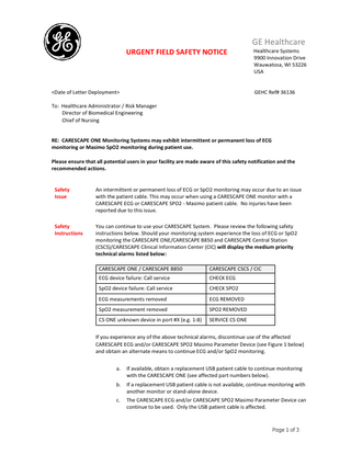 CARESCAPE ONE Urgent Field Safety Notice Feb 2019