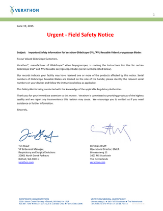 GlideScope GVL and AVL Urgent Field Safety Notice June 2015