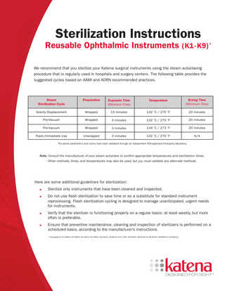 Reusable Ophthalmic Instruments (K1 - K9) Sterilization Instructions