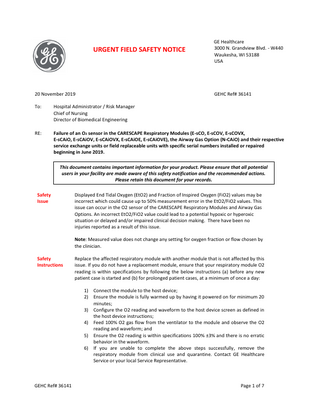 CARESCAPE E-s Respiratory Modules and Air Gas Option Urgent Field Safety Notice Nov 2019