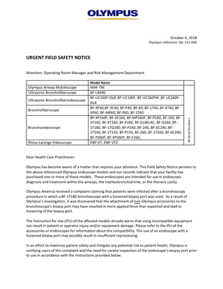 OLYMPUS Rhino-Laryngo Videoscope Urgent Field Safety Notice Oct 2018