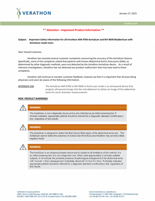 AMI 9700 AortaScan and BVI 9600 BladderScan with AortaScan mode Safety Information Jan 2015