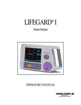 TABLE OF CONTENTS  Preface  1.0 Introduction...1-1 1.1 General...1-1 1.2 Intended Use...1-1 1.3 Parameters and Features...1-2 1.4 RS-232 Interface...1-2 1.5 Setup and Use...1-2 1.6 Checking the Shipment...1-2 1.7 Disposing of the Monitor...1-3 1.8 Proper Use of the LIFEGARD I Patient Monitor...1-3 2.0 Safety ...2-1 2.1 Warnings, Cautions, and Notes...2-1 2.2 Warnings...2-1 2.3 ECG Safety Information...2-3 2.4 NIBP Safety Information...2-4 2.5 SpO2 Safety Information...2-6 2.6 Cautions...2-7  3.0 Monitor Setup...3-1 3.1 Connectors...3-1 3.2 Internal Battery...3-2 3.3 Optional Recorder...3-3 3.4 Mounting...3-3 3.5 Power On...3-3 3.5.1 Default Settings...3-4 3.5.2 Standby Mode...3-4 3.5.3 Power Source Indicator...3-4 3.6 Quick Start...3-4  4.0 Using the LIFEGARD I Monitor...4-1 4.1 General...4-1 4.2 Display Overview...4-2 4.3 LIFEGARD I Display...4-2 4.4 Changing Settings...4-3 4.4.1 Example of a Change Operation...4-4 4.5 Initial Setup...4-4 4.5.1 Setting the Date and Time...4-4 4.5.2 Setup Menu...4-5 4.6 Patient Monitoring Connectors...4-5 4.7 Switch Panel...4-6  iii  