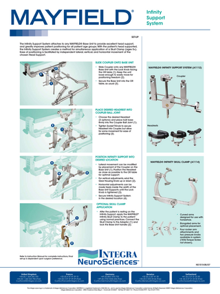 MAYFIELD  ®  Infinity Support System  SET-UP The Infinity Support System attaches to any MAYFIELD® Base Unit to provide excellent head support, and greatly improves patient positioning for all patient age groups. With the patient’s head supported, the Infinity Support System creates a method for simultaneous application of a Skull Clamp (ages 5+). Ease of positioning is facilitated by independent lateral, vertical, and horizontal movement of the chosen Head Support.  Slide Coupler onto Base Unit • Slide Coupler onto any MAYFIELD®  2  Base Unit with the Lock Knob facing the OR table (1). Keep the unit loose enough to easily move for positioning freedom (2).  3  MAYFIELD® Infinity Support System (A1112) Coupler  • Secure the Base Unit into the OR  1  table, as usual (3).  Place Desired Headrest into Coupler Ball Joint • Choose the desired Headrest  (3 options) and place ball base firmly into the Coupler Ball Joint (1).  2  Headrests  • Tighten Socket T-Knob to secure  Headrest into Coupler, but allow for some movement for ease of positioning (2).  1  Position Infinity Support into Desired Location  4  • Lateral movement can be modified  2  3  MAYFIELD® Infinity Skull Clamp (A1114)  by placement of the Coupler on the Base Unit (1). Position the Headrest as close as possible to the OR table for optimal support.  • For vertical adjustments, wind the  Gear Housing Knob up or down (2).  • Horizontal adjustments can be  made freely inside the width of the Base Unit Supports until the Lock Knob is tightened (3).  • Secure Infinity Support System in the desired location (4).  OPTIONAL SKULL CLAMP APPLICATION • After the patient is resting on the  1  Infinity Support, apply the MAYFIELD® Infinity Skull Clamp to the patient using normal practices. Connect the Skull Clamp to the Adaptor (1) and lock the Base Unit handle (2).  • Curved arms  designed for use with horseshoe.  • Elongated arms for  optimal placement.  • Four rocker arm  attachments and two pressure knobs available in system (18-lb Torque Screw not shown).  2  Refer to Instruction Manual for complete instructions. Final set-up is dependent upon surgeon preference.  NS1515-08/07  United Kingdom  +44 (0) 1 264 345 700 +44 (0) 1 264 363 782 (Fax) CustSvcUK@Integra-LS.com  France  +33 (0) 4 37 47 59 10 +33 (0) 4 37 47 59 29 (Fax) CustSvcFrance@Integra-LS.com  Germany  +49 (0) 800 1010 755 +49 (0) 2102 5536 636 (Fax) CustSvcGermany@Integra-LS.com  Benelux  +32 (0) 2 257 41 30 +32 (0) 2 253 24 66 (Fax) CustSvcBenelux@Integra-LS.com  Switzerland  +41 (0) 2 27 21 23 30 +41 (0) 2 27 21 23 32 (Fax) CustSvcSuisse@integra-ls.com  The Integra wave logo is a trademark of Integra LifeSciences Corporation. MAYFIELD is a registered trademark of SM USA, Inc., and is used by Integra LifeSciences Corporation under license. All Rights Reserved. ©2007 Integra LifeSciences Corporation. Integra LifeSciences Corporation • 4900 Charlemar Drive, Bldg. A • Cincinnati, OH 45227 • Toll Free: 877-444-1114 • Phone: 513-533-7979 • Fax: 513-271-1915  