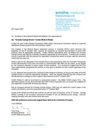 Graseby Syringe Drivers MS26 and MS16a Withdrawal from the Australian Market Aug 2007