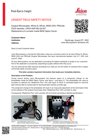 Surgical Microscope series Urgent Field Safety Notice Replacement of Luxmeter Aug 2022