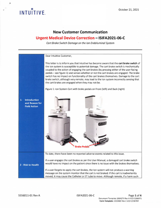 Ion Endoluminal System Urgent Medical Device Correction Oct 2021