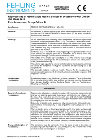 Reprocessing Medical Devices in Risk Group Critical B Instructions 