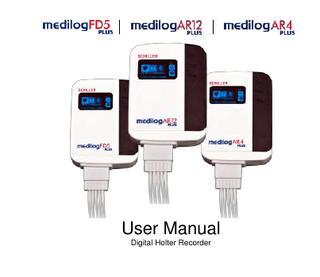 medilog® FD5/AR4/AR12 plus Digital Holter Recorder  Table of contents Table of contents... 4 Safety instructions ... 5 Intended use ... 7 medilogAR12 Plus ... 7 medilogAR4 Plus ... 7 medilogFD5 Plus ... 7 Operating elements ... 9 Type label ... 9 Type label symbols ... 10 Opening and closing the recorder ... 11 Batteries ... 12 Memory cards ... 13 Electrodes... 14 Basic information regarding recorder operation ... 16 Recorder Feature Matrix ... 16 Starting and stopping a recording ... 17 Starting a recording ... 17 Stopping a recording... 20 Deleting a recording from the memory card ... 20 Recorder configuration ... 21 Configuration menu ... 21 Recording settings ... 22 Adjusting the contrast... 25 Setting the time and date ... 25 Configuring the optional radio module... 25 Messages and troubleshooting ... 26 Messages ... 26 Troubleshooting ... 27 Cleaning, inspection, disposal ... 28 Cleaning the device ... 28 Cleaning the patient cable ... 28 Annual inspection ... 28 Packaging and transport ... 29 End-of-life disposal ... 29 Technical data: medilogAR12 Plus ... 30 Technical data: medilogAR4 Plus ... 31 Technical data: medilogFD5 Plus... 32 Ambient conditions ... 33 Information on electromagnetic radiation and electromagnetic immunity ... 34 Contact ... 39  