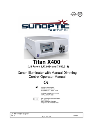 Titan X400 Xenon Illuminator with Manual Dimming Control Operator Manual Ref LIT-259 Rev. B