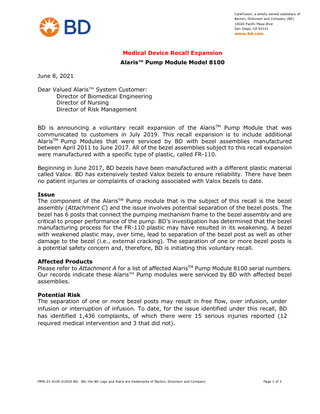 Alaris Pump Module Model 8100 Medical Device Recall Expansion June 2021