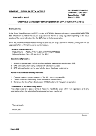 ALOKA ARIETTA 850 Ultrasound Urgent Safety Notice March 2021