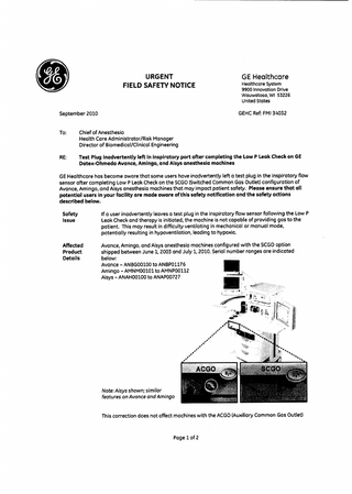 Avance-Amingo and Aisys Urgent Field Safety Notice Sept 2010