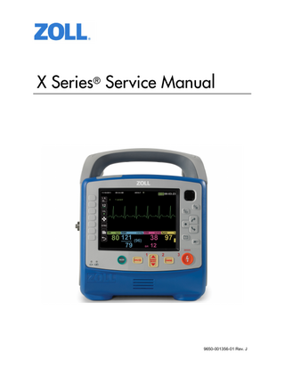 Table of Contents Preface  OVERVIEW ...1 SAFETY CONSIDERATIONS ...2 ADDITIONAL REFERENCE MATERIAL...2 CONVENTIONS ...3 SERVICE POLICY WARRANTY ...3 TECHNICAL SERVICE ...3 TECHNICAL SERVICE FOR INTERNATIONAL CUSTOMERS ...4 TAMPER PROOF LABELS ...4 SERVICE MANUAL FEEDBACK SURVEY ...4 Chapter 1  Maintenance Tests  X SERIES OVERVIEW ...5  Before You Begin the Maintenance Tests ...6 Equipment You Need to Perform the Maintenance Tests ...7 Required Accessories ...7  MAINTENANCE TESTS ...8  Physical Inspection of the Unit ...8 Leakage Current Test ...9 Treatment Report Test ...11 Readiness Test ...12 Operational Tests ...13 ECG Test ...19 Shock Test ...20 Synchronized Cardioversion Test ...22 Pacer Test (if applicable) ...23 SpO2 Test (if applicable) ...24 SpO2, SpCO, and SpMet Test (if applicable) ...25 EtCO2 Calibration ...26 EtCO2 Calibration Check ...27 EtCO2 Test ...28 IBP Test (if applicable) ...29 NIBP Calibration Check ...30 NIBP Leak Test ...32 Inflation/Deflation Test ...33 NIBP Functional Test ...34 Temperature Test (if applicable) ...35 Wi-Fi Test (optional) ...36 Audio Recording Test (if applicable) ...38 Real BVM Help Test (if applicable) ...39 CPR Feedback Test (if applicable) ...41 Paddles Test (if applicable) ...42  9650-001356-01 Rev. J  ZOLL X Series Service Manual  1  