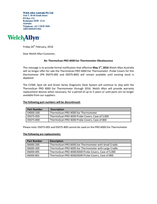 ThermoScan PRO 4000 Obsolescence Notice May 2016