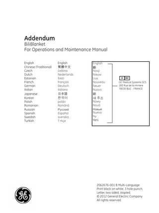 GE BiliSoft LED Phototherapy System Operation and Maintenance Addendum Rev B April 2017