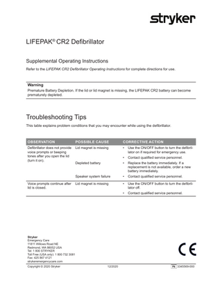 Stryker LIFEPAK CR2 Supplemental Operating Instructions Dec 2020