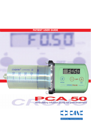 TABLE OF CONTENTS  SECTION 1 Introduction...page 9 Warnings...page 9 Note...page 12 Intended Use...page 12 Information-Technical assistance...page 12 SECTION 2 Description of the pump...page 13 Infusion system...page 14 Technical features...page 14 Factory settings...page 16 SECTION 3 Standard equipment supplied...page 17 Optional accessories...page 18 How to use the standard equipment supplied...page 20 How to wear the pump...page 22 SECTION 4 Pump overview...page 23 Liquid crystal display...page 25 Main screen indications...page 25 Key-pad...page 27 SECTION 5 Identification of the reservoir parts...page 28 Luer-lock cap...page 29 Profill-crn needle...page 29 Filtrajet...page 30 Infusion set...page 30 Preparation for infusion...page 30 Anti-Siphon valve...page 31 Réservoir preparation...page 32 Connecting the réservoir to the pump...page 34 Safety system to avoid free-flow...page 35 Warning safety system to avoid free-flow...page 36 5  MAN 01/06/USA/p CRONO PCA 50 04.10  