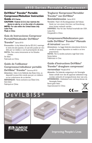 ENGLISH  TA B L E O F C O N T E N T S / I N T R O D U C T I O N  TABLE OF CONTENTS Introduction ... IEC Symbols ... Important Safeguards ... Important Parts of Your Portable Compressor... Important Parts of Your Disposable and Reusable Nebulizers ... How to Operate Your Portable Compressor... Charging the Battery... Nebulizer Cleaning ... Compressor Cleaning ... Filter Change... Maintenance ... Specifications... Warranty ... Declaration of Conformity... ESPAÑOL... FRANÇAIS ... DEUTSCH ... ITALIANO ... DUTCH...  2 2 3 5 5 6 7 8 8 8 9 9 10 10 11 20 29 38 47  INTRODUCTION Thank you for purchasing the DeVilbiss Traveler portable compressor/nebulizer for aerosol therapy. Your doctor has prescribed a liquid medication to treat your respiratory condition. The portable compressor/nebulizer works to convert the medication to a high-quality mist of fine particles that penetrates deep into the lungs. Be sure that you read and understand the information in this instruction guide. By following these simple instructions and the advice of your physician, your compressor will become an effective addition to your therapeutic routine.  Statement of Intended Use This compressor is intended to be used with a compatible pneumatic nebulizer to convert certain inhalable drugs into an aerosol form for inhalation by a patient for the treatment of asthma, COPD, and other respiratory ailments. The device is intended for the home care market. It is intended for use with a single adult, pediatric, or infant patient. NOTE–  If using a nebulizer other than one distributed by Sunrise Medical, verify that the pressure and/or flow characteristics of the nebulizer (while driven by the Model 6910) meet the nebulizer manufacturer's recommendation.  IEC SYMBOLS Attention, consult instruction guide  Type BF applied part  Alternating current  Double Insulated  This device contains electrical and/or electronic equipment that must be recycled per EC Directive 2002/96/EC - Waste Electrical and Electronic Equipment (WEEE) A-6910  2  