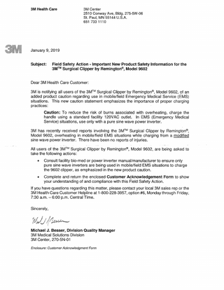 3M Remington 9602 Clipper Field Safety Action Jan 2019-Charging practice issues