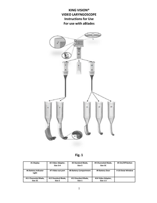 KING VISION® VIDEO LARYNGOSCOPE Instructions for Use For use with aBlades  Fig. 1 #1 Display  #2 Video Adapter, Size 3-4  #3 Standard Blade, Size 3  #4 Channeled Blade, Size 3C  #5 On/Off Button  #6 Battery Indicator Light  #7 Video-out port  #8 Battery Compartment  #9 Battery Door  # 10 Distal Window  #11 Channeled Blade, Size 2C  #12 Standard Blade, Size 2  #13 Standard Blade, Size 1  #14 Video Adapter, Size 1-2  1  