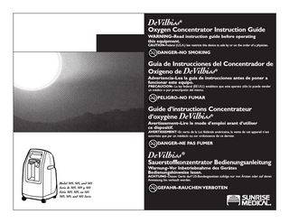 ENGLISH  ESPAÑOL  FRANÇAIS  DEUTSCH  TABLE OF CONTENTS Specifications...4 Important Safeguards...9 Introduction...9 Why Your Physician Prescribed Supplemental Oxygen...10 How Your Concentrator Works . . .10 Important Parts of Your Concentrator . . .11 Setting Up Your Concentrator...12 Before Operating Your Concentrator...13 Operating Your Concentrator...14 Reserve Oxygen System...17 Caring for Your Concentrator...17 Minor Troubleshooting...19 Minor OSD® Troubleshooting...19  INDICE Especificaciones...5 Normas de seguridad importantes...9 Introducción...9 Por qué su médico le prescribió un suplemento de oxígeno...10 Cómo funciona su concentrador . . .10 Partes importantes de su concentrador . . .11 Preparación de su concentrador...12 Antes de usar su concentrador...13 Uso de su concentrador...14 Sistema de oxígeno de reserva...17 Cuidado de su concentrador...17 Detección y solución de problemas menores...20 Detección y solución de problemas menores OSD®...20  TABLE DES MATIÈRES Caractéristiques...6 Mises en garde importantes...9 Introduction...9 Pourquoi votre médecin vous a-t-il prescrit un supplément d’oxygène . . .10 Comment fonctionne votre...10 Pièces importantes de votre appareil concentrateur...11 Installation de votre appareil...12 Avant d’utiliser votre concentrateur . .13 Utilisation de votre concentrateur...14 Réserve d’oxygène...17 Entretien de votre appareil concentrateur...17 Dépannage mineur...21 Dépannage mineur concentrateur munis de L'OSD®...21  INHALTSVERZEICHNIS Technische Daten...7 Wichtige Sicherheitshinweise...9 Einführung...9 Warum Ihr Arzt zusätzlichen Sauerstoff verschrieben hat...10 Funktionsweise Ihres Konzentrators . . .10 Wichtige Teile Ihres Konzentrators...11 Den Konzentrator aufstellen...12 Vor der Verwendung Ihres Konzentrators...13 Betrieb Ihres Konzentrators...14 Reservesauerstoffsystem...17 Wartung und Pflege Ihres Konzentrators...17 Fehlersuche bei kleineren Problemen...22 Fehlersuche bei kleineren OSD®Problemen...22  PRECAUCION– La ley federal (EE.UU.) establece que este aparato sólo lo puede vender un médico o por prescripción del mismo.  AVERTISSEMENT–En vertu de la Loi fédérale américaine, la vente de cet appareil n’est autorisée que par un médecin ou sur ordonnance de ce dernier.  ACHTUNG–Dieses Gerät darf US-Bundesgesetzen zufolge nur von Ärzten oder auf deren Anweisung hin verkauft werden.  CAUTION–Federal (U.S.A.) law restricts this device to sale by or on the order of a physician.  3  