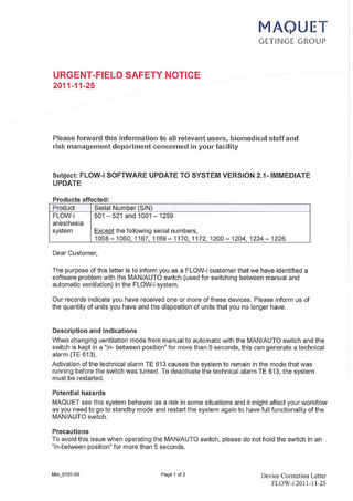 FLOW-i Urgent Field Safety Notice Nov 2011