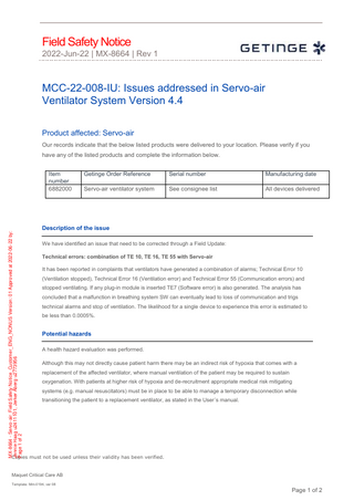 Servo-air Ventilator System Ver 4.4 Field Safety Notice Technical Errors July 2022