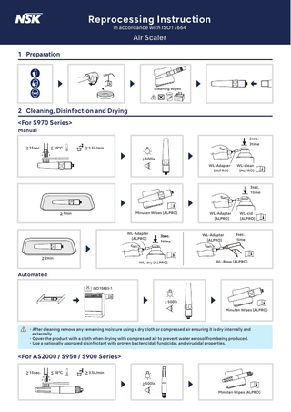 Reprocessing Instruction in accordance with ISO17664  Air Scaler 1 Preparation  Cleaning wipes  2 Cleaning, Disinfection and Drying <For S970 Series> Manual 2sec.  15sec.  38°C  3time  3.5L/min 500lx WL-Adapter (ALPRO)  WL-clean (ALPRO)  3sec. 1time  Minuten Wipes (ALPRO)  1min  WL-Adapter (ALPRO)  2min  3sec. 1time  WL-dry (ALPRO)  WL-Adapter (ALPRO)  WL-Adapter (ALPRO)  WL-cid (ALPRO)  3sec. 1time  WL-Blow (ALPRO)  Automated ISO 15883-1 500lx Minuten Wipes (ALPRO)  ・After cleaning remove any remaining moisture using a dry cloth or compressed air ensuring it is dry internally and externally. ・Cover the product with a cloth when drying with compressed air to prevent water aerosol from being produced. ・Use a nationally approved disinfectant with proven bactericidal, fungicidal, and virucidal properties.  <For AS2000 / S950 / S900 Series> 15sec.  38°C  3.5L/min 500lx Minuten Wipes (ALPRO)  