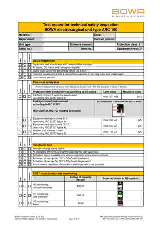 Test record for technical safety inspection BOWA electrosurgical unit type ARC 100 Hospital:  Data:  Department:  Contact person:  Item no.:  comments  Serial no.:  fail  Software version:  pass  Unit type:  Protection class: I Equipment type: CF  Visual inspection Equipment and accessories with no detectable damage. All labels, CE marks and rating plate legible. Mains fuses are of the prescribed rating (2x 3,15AT). Potential equalisation cable & connection available, in working order and undamaged. User manual present.  comments  fail  pass  Electrical safety test 1)  = Perform measurement with power cord. Resistance of power cord < 100 mΩ, resistance of device < 200 mΩ.  Protective earth conductor test according to IEC 62353 Limit value Measured value 1) Earthing contact  potential equalisation max. 300 mΩ [mΩ] (according IEC 62353 figure 1) Leakage current measurement Key combination to switch ON/OFF the TSI-Mode: according to IEC 62353 (TSI-Mode of ARC 100 must be activated!)  comments  fail  pass  Equipment leakage current N.C. (according IEC 62353 figure 4) Equipment leakage current S.F.C. (according IEC 62353 figure 4) Applied part leakage current (according IEC 62353 figure 7)  max. 500 µA  [µA]  max. 500 µA  [µA]  max. 50 µA  [µA]  Functional test  comments  fail  pass  Smooth-running mains switch. All indicating elements are lightning during the start-up phase. Activation sound available and volume regulator at rear side functional. Activation of monopolar CUT / COAG with footswitch Activation of monopolar CUT / COAG with fingerswitch Simultaneous operation of footswitch and fingerswitch not possible  EASY neutral electrode monitoring Setting of capacity decade NE monitoring, non split electrode  400 nF  NE monitoring, split electrode  100 nF  NE monitoring, Alarm  60 nF  BOWA-electronic GmbH & Co. KG Heinrich-Hertz-Strasse 4-10, D-72810 Gomaringen  page 1 of 2  Expected colour of NE-symbol  This inspection protocol referring to service manual 900-100_SM_V1.0_XXXXX-S0-XXXXXXXX-EN  